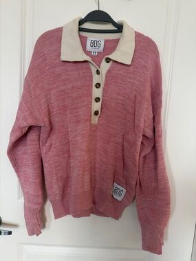 BDG Dusty Pink Collared Button-Up Knit Sweater with Cream Trim